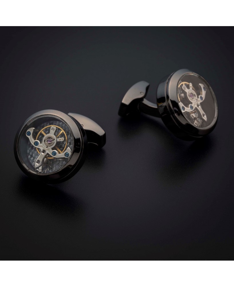 Boutons de manchettes "tourbillon" -  acier inoxydable & laiton plaqué rhodium - couleur anthracite (gris foncé)