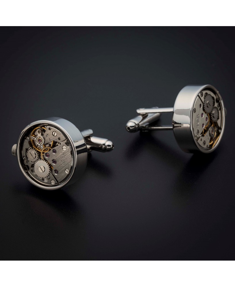 Boutons de manchettes "mouvement de montre" -  acier inoxydable & laiton plaqué rhodium - couleur argent