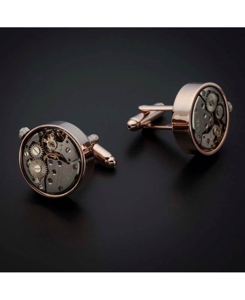 Boutons de manchettes "mouvement de montre" -  acier inoxydable & laiton plaqué rhodium - couleur or & acier