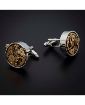 Boutons de manchettes "mouvement de montre" -  acier inoxydable & laiton plaqué rhodium - couleur acier chromé & or