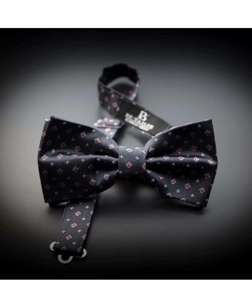 Noeud papillon homme pure soie - gris foncé (anthracite) à motifs rose et argenté