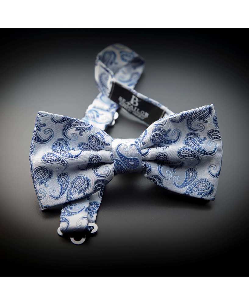 Noeud papillon homme mariage pure soie - gris argenté à motifs bleu