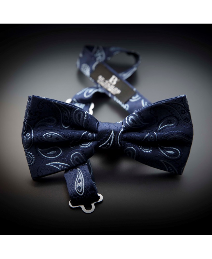Noeud papillon homme mariage pure soie - bleu foncé à motifs Paisley bleu clair