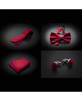 Set cravate, noeud papillon, pochette & boutons de manchettes - couleur unie rouge