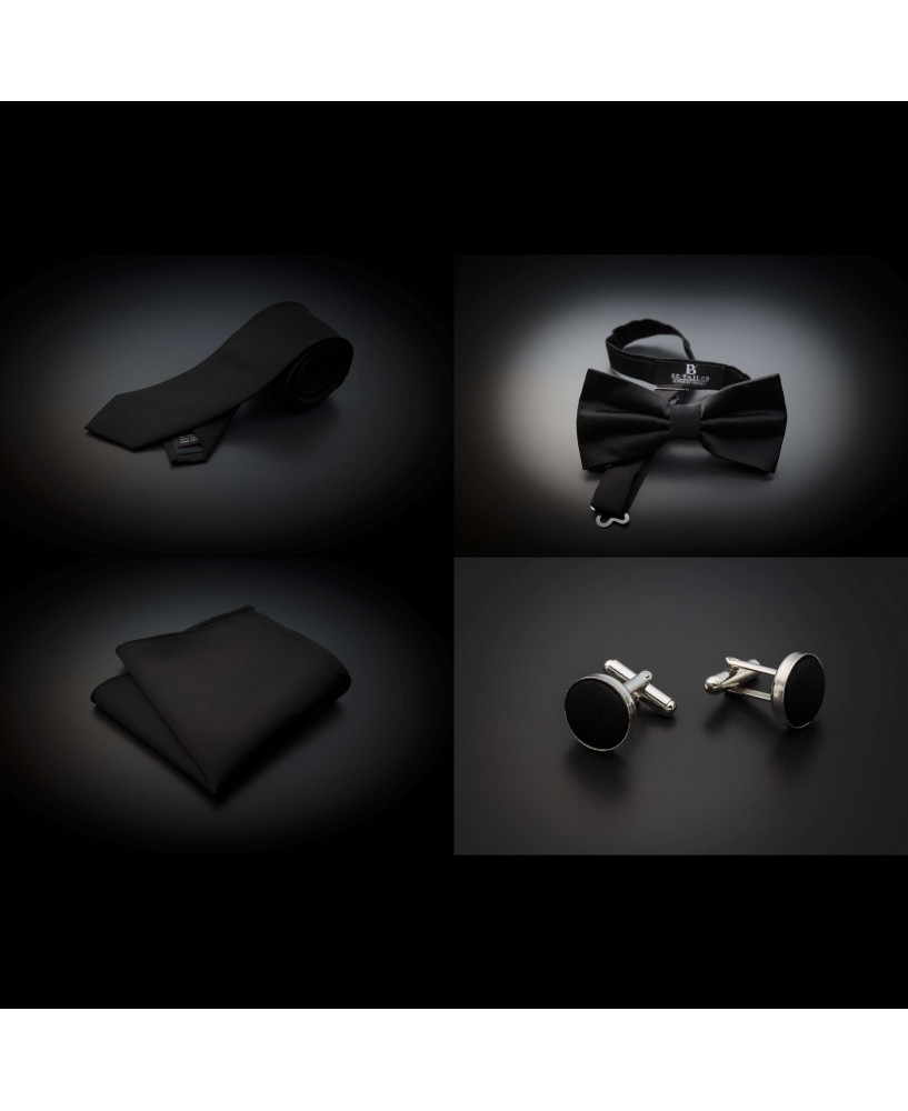 Set cravate, noeud papillon, pochette & boutons de manchettes - couleur unie noir