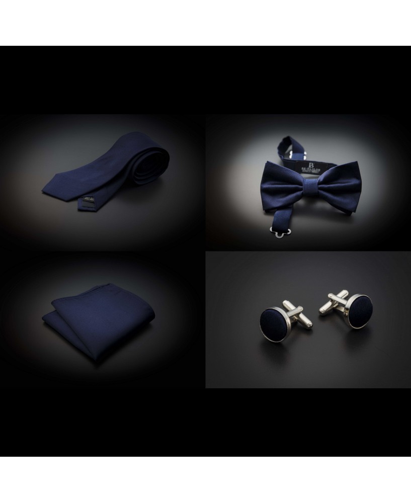 Set cravate, noeud papillon, pochette & boutons de manchettes - couleur unie bleu foncé