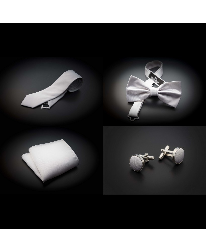Set cravate, noeud papillon, pochette & boutons de manchettes - couleur unie blanc