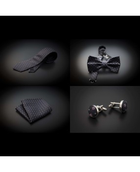 Set cravate, noeud papillon, pochette & boutons de manchettes - gris foncé à motifs rose et argenté