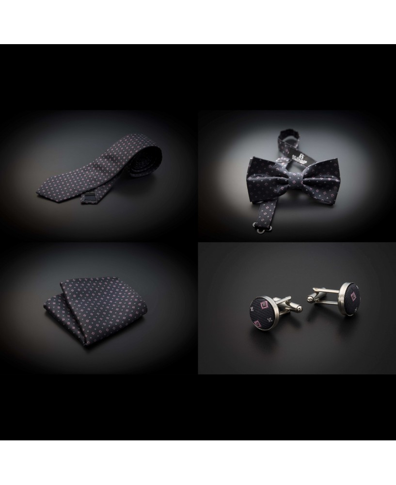 Set cravate, noeud papillon, pochette & boutons de manchettes - gris foncé à motifs rose et argenté