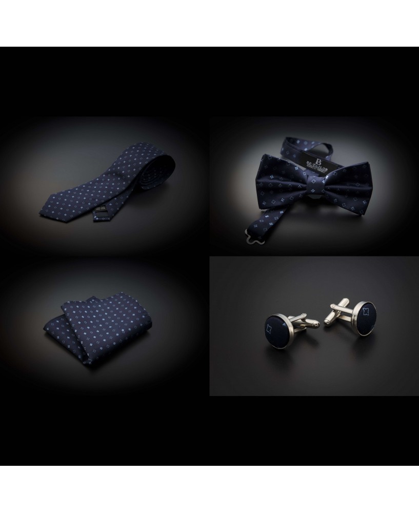 Set cravate, noeud papillon, pochette & boutons de manchettes - bleu foncé à motifs bleu clair
