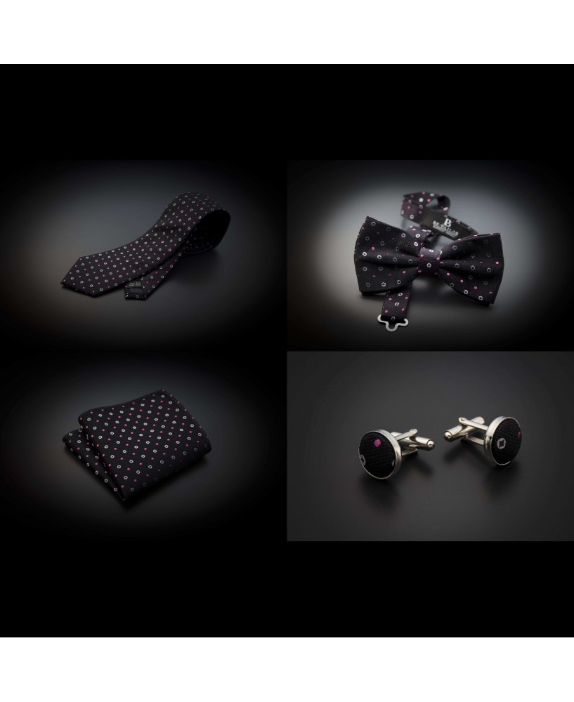 Set cravate, noeud papillon, pochette & boutons de manchettes - aubergine à motifs rose et argenté