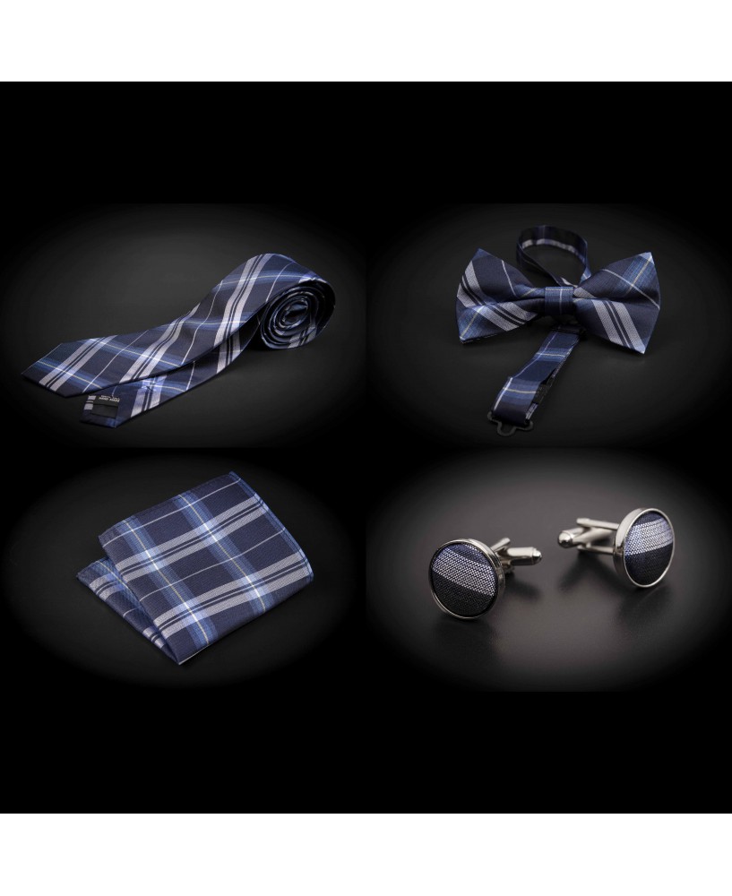 Set cravate, noeud papillon, pochette & boutons de manchettes - bleu à carreaux