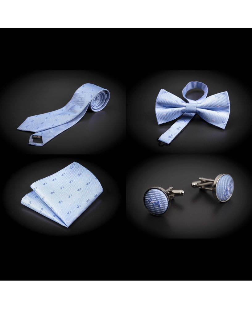 Set cravate, noeud papillon, pochette & boutons de manchettes - bleu clair à motifs petits chiens