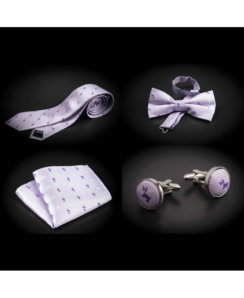 Set cravate, noeud papillon, pochette & boutons de manchettes - mauve à motifs petits chiens