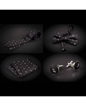 Set cravate, noeud papillon, pochette & boutons de manchettes - noir à motifs petits chiens