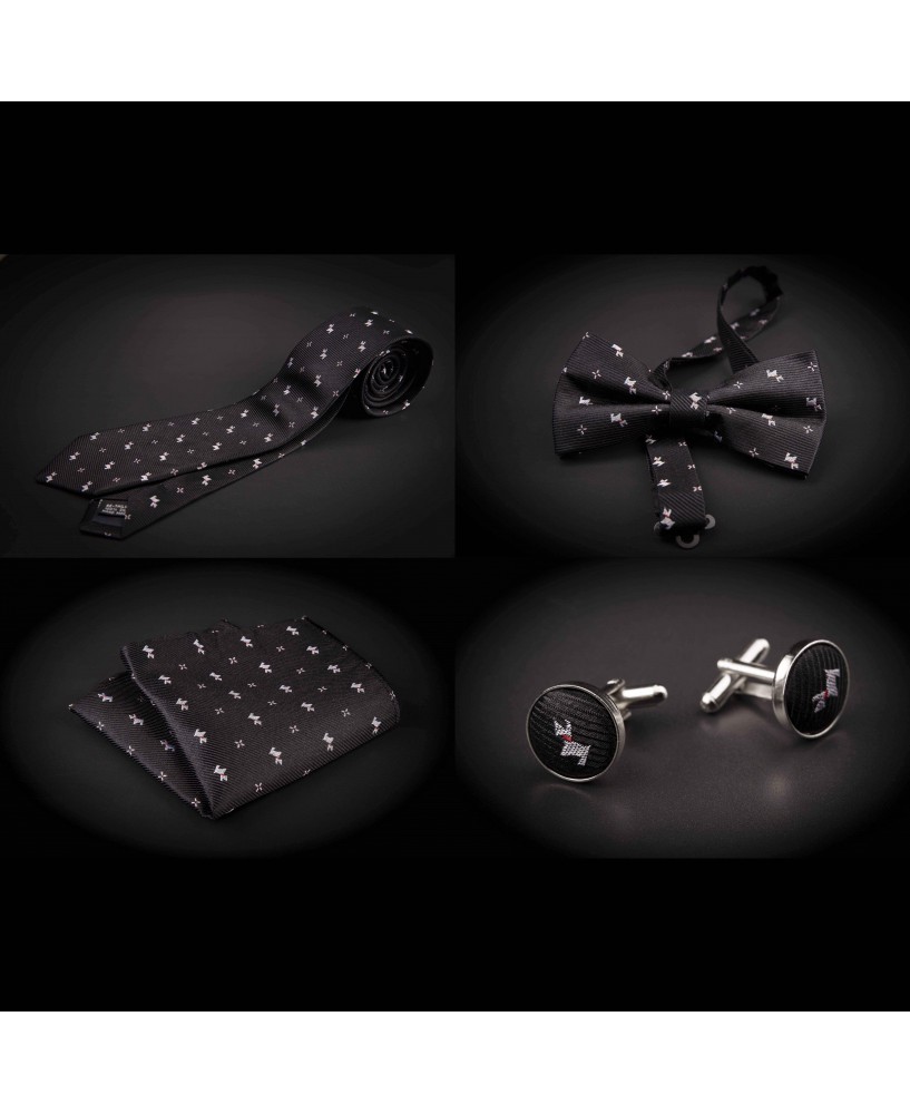 Set cravate, noeud papillon, pochette & boutons de manchettes - noir à motifs petits chiens