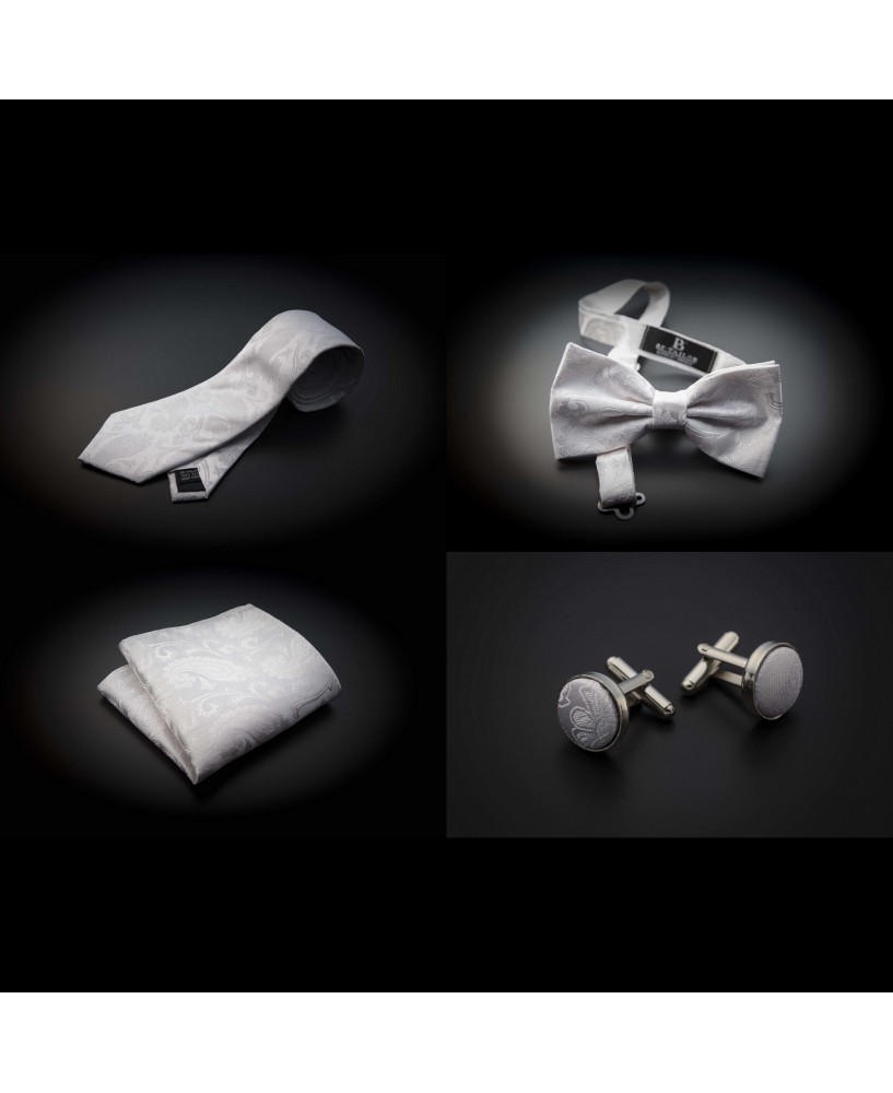 Set mariage cravate, noeud papillon, pochette & boutons de manchettes - blanc à motifs Paisley blancs