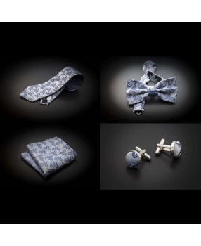 Set mariage cravate, noeud papillon, pochette & boutons de manchettes - gris argenté à motifs Paisley bleu
