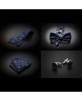 Set mariage cravate, noeud papillon, pochette & boutons de manchettes - bleu foncé à motifs Paisley bleu clair