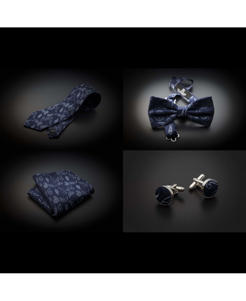 Set mariage cravate, noeud papillon, pochette & boutons de manchettes - bleu foncé à motifs Paisley bleu clair