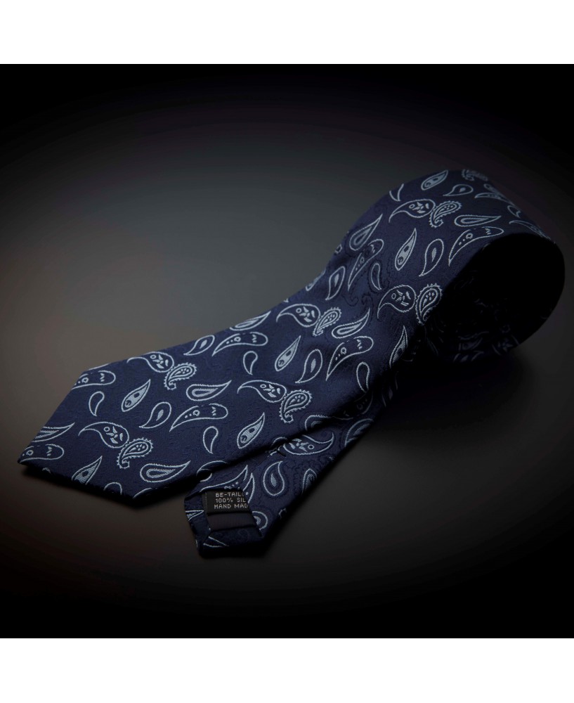 Cravate homme mariage pure soie - bleu foncé à motifs Paisley bleu clair