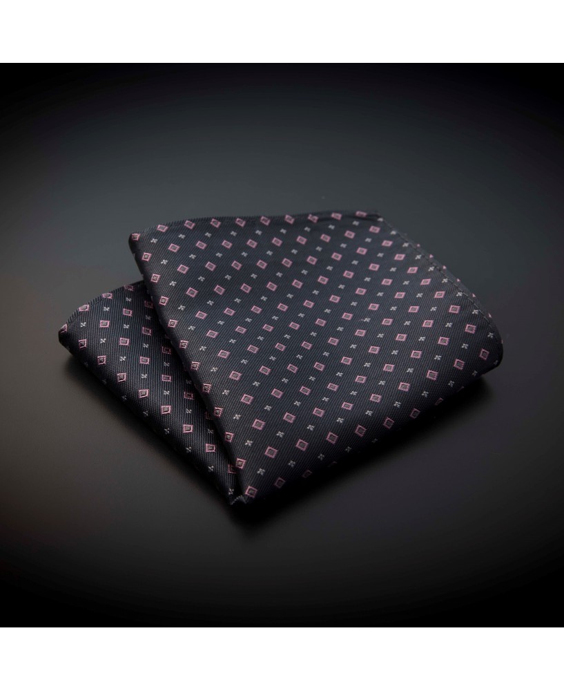 Pochette pure soie - gris foncé (anthracite) à motifs rose et argenté