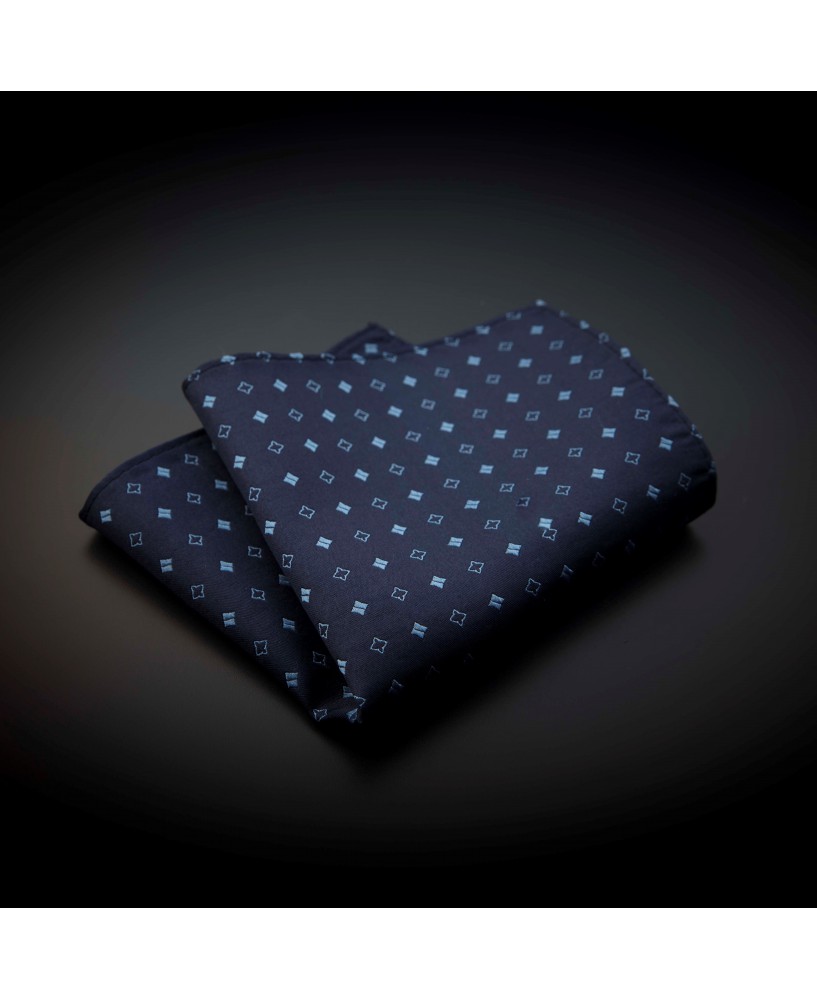 Pochette pure soie - bleu foncé à motifs bleu clairs