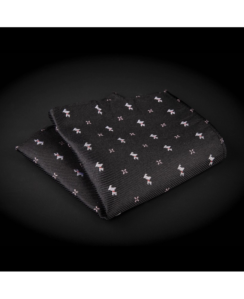 Pochette pure soie - noir à motifs petits chiens