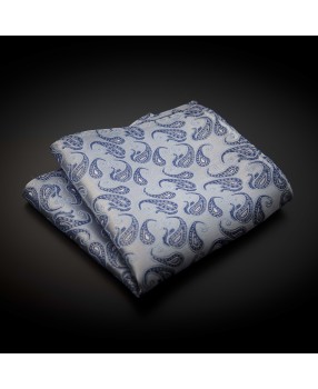 Pochette mariage pure soie - gris argenté à motifs bleu