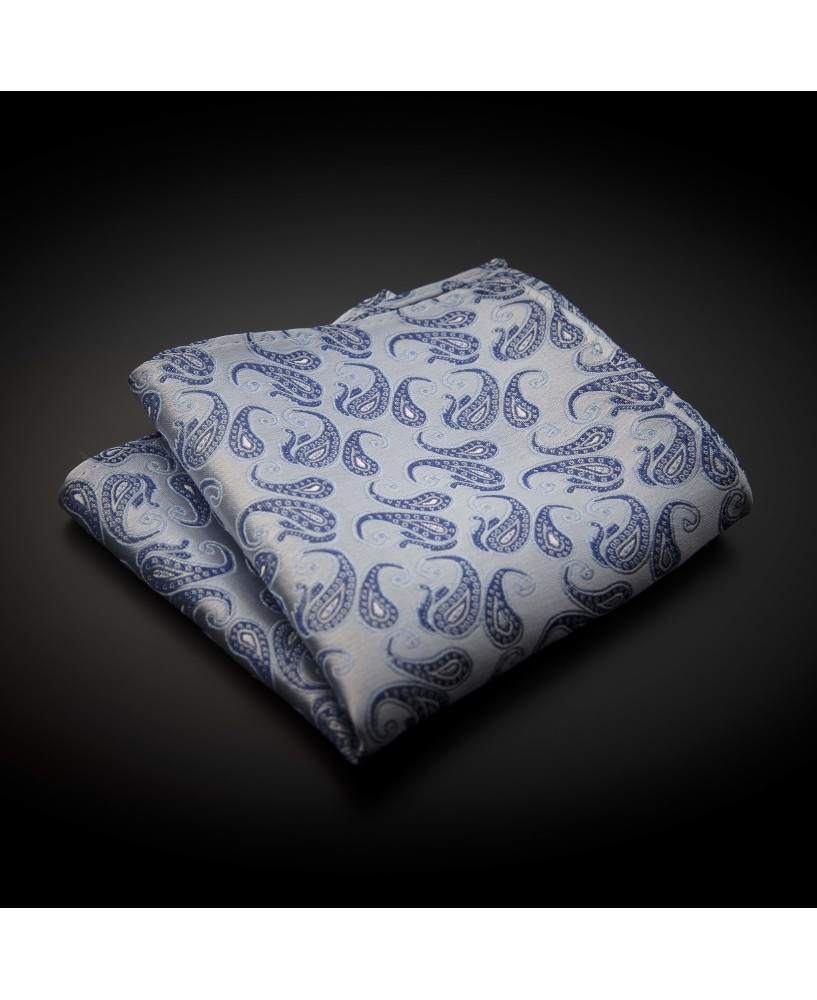 Pochette mariage pure soie - gris argenté à motifs bleu