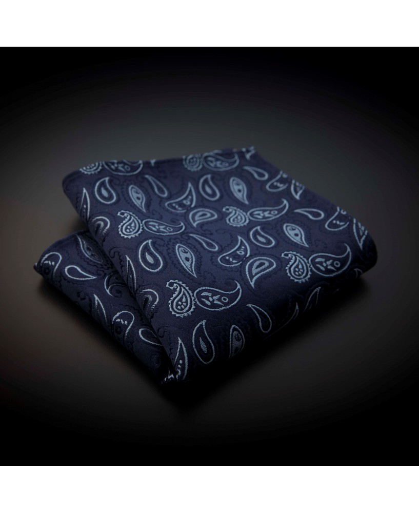 Pochette mariage pure soie - bleu foncé à motifs Paisley bleu clair