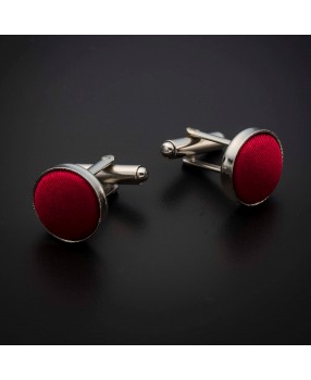 Boutons de manchettes acier & soie - couleur tissu uni rouge