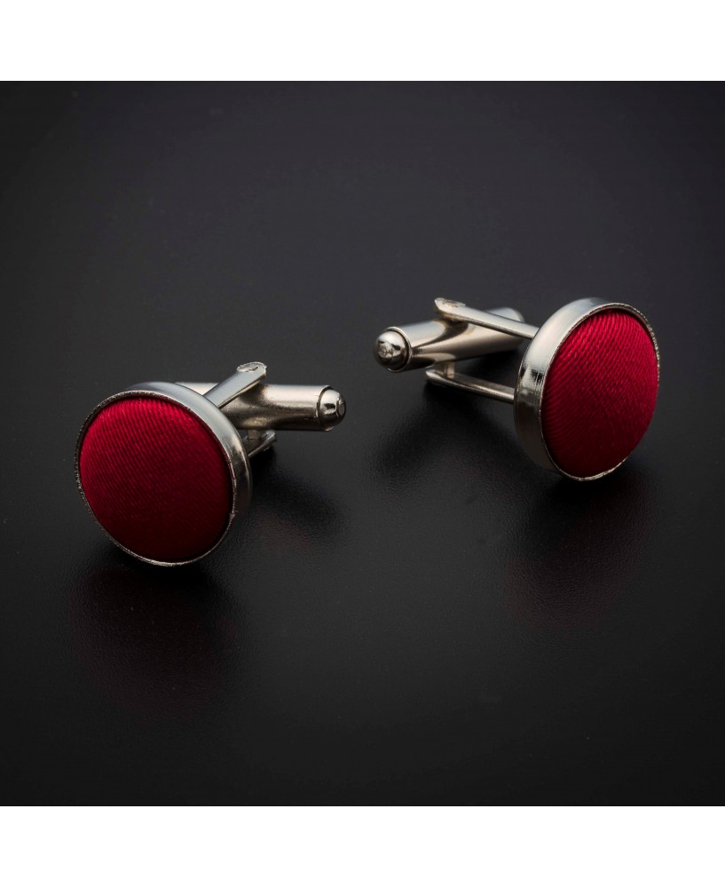 Boutons de manchettes acier & soie - couleur tissu uni rouge