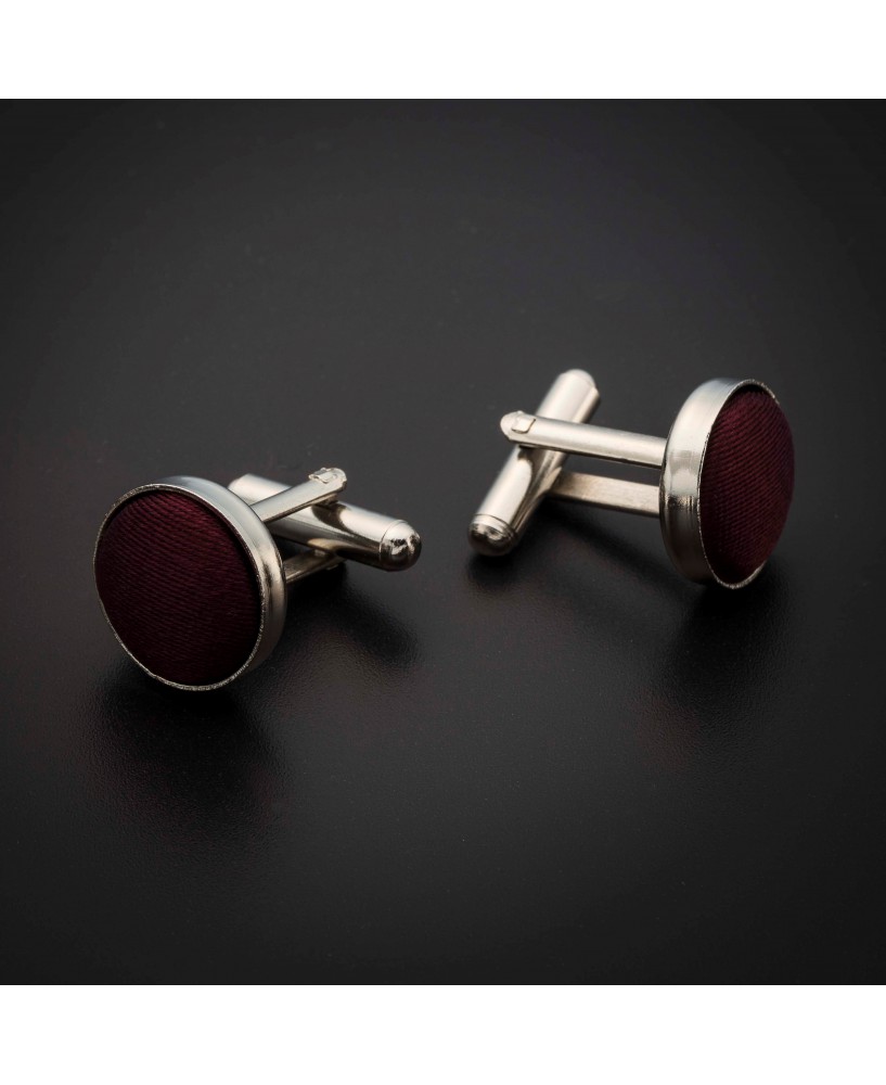 Boutons de manchettes acier & soie - couleur tissu uni bordeau