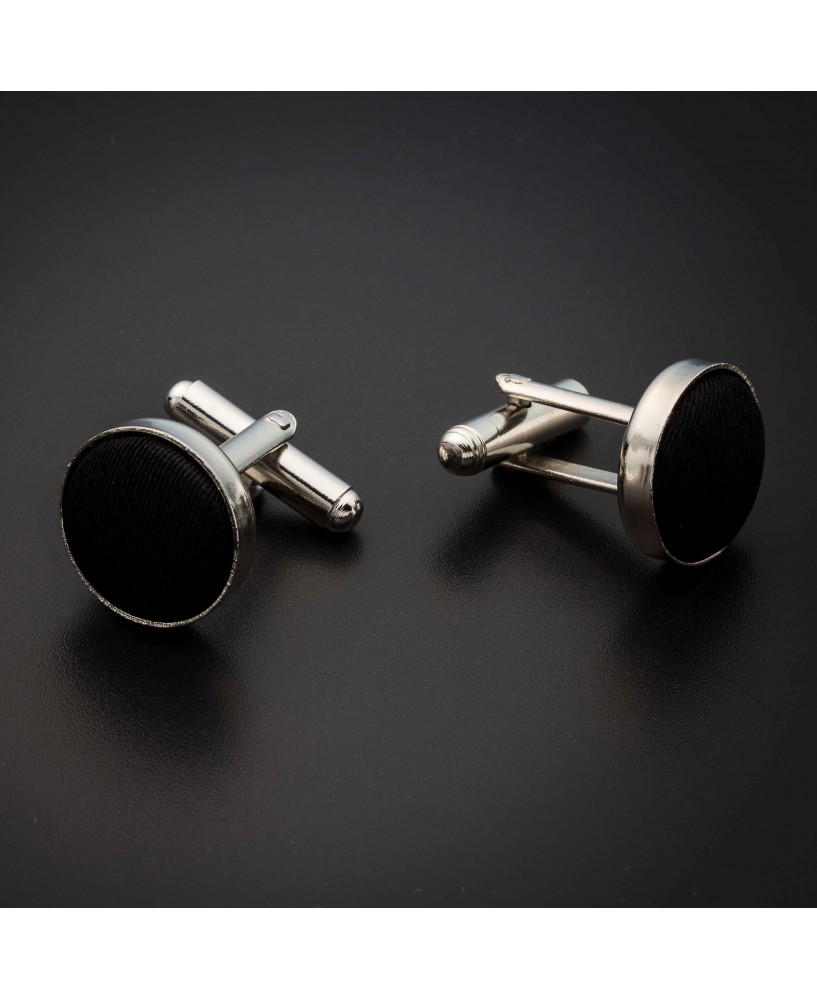 Boutons de manchettes acier & soie - couleur tissu uni noir