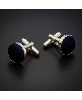 Boutons de manchettes acier & soie - couleur tissu uni bleu foncé