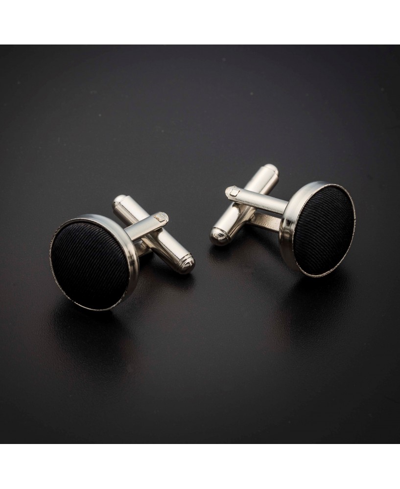 Boutons de manchettes acier & soie - couleur tissu uni gris foncé (anthracite)