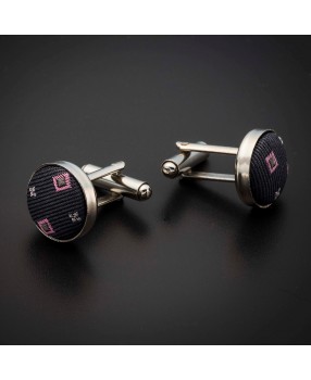 Boutons de manchettes acier & soie - tissu couleur gris foncé (anthracite) à motifs rose et argenté