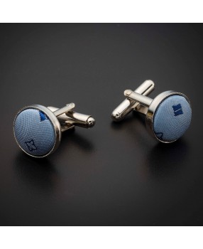 Boutons de manchettes acier & soie - tissu couleur bleu clair à motifs bleu foncé