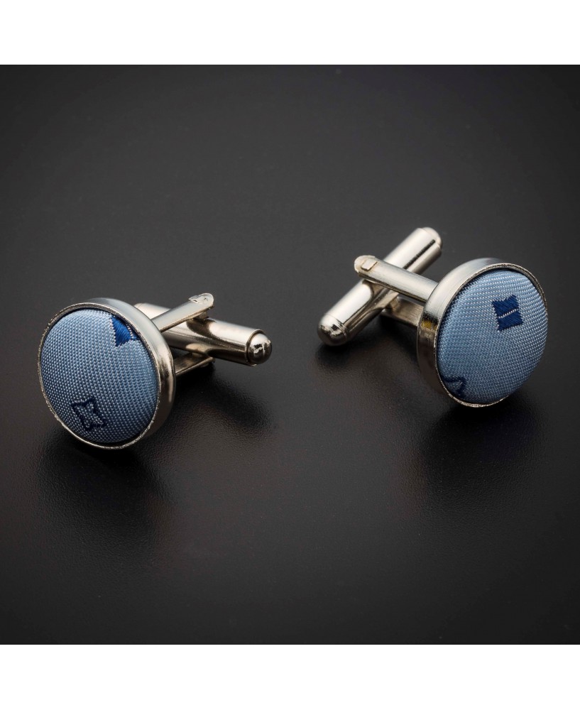 Boutons de manchettes acier & soie - tissu couleur bleu clair à motifs bleu foncé