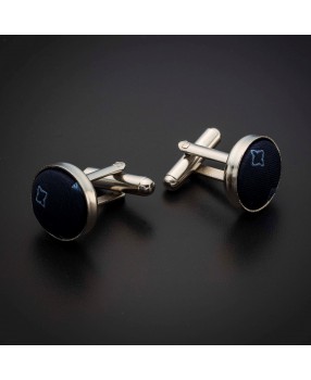 Boutons de manchettes acier & soie - tissu couleur bleu foncé à motifs bleu clair