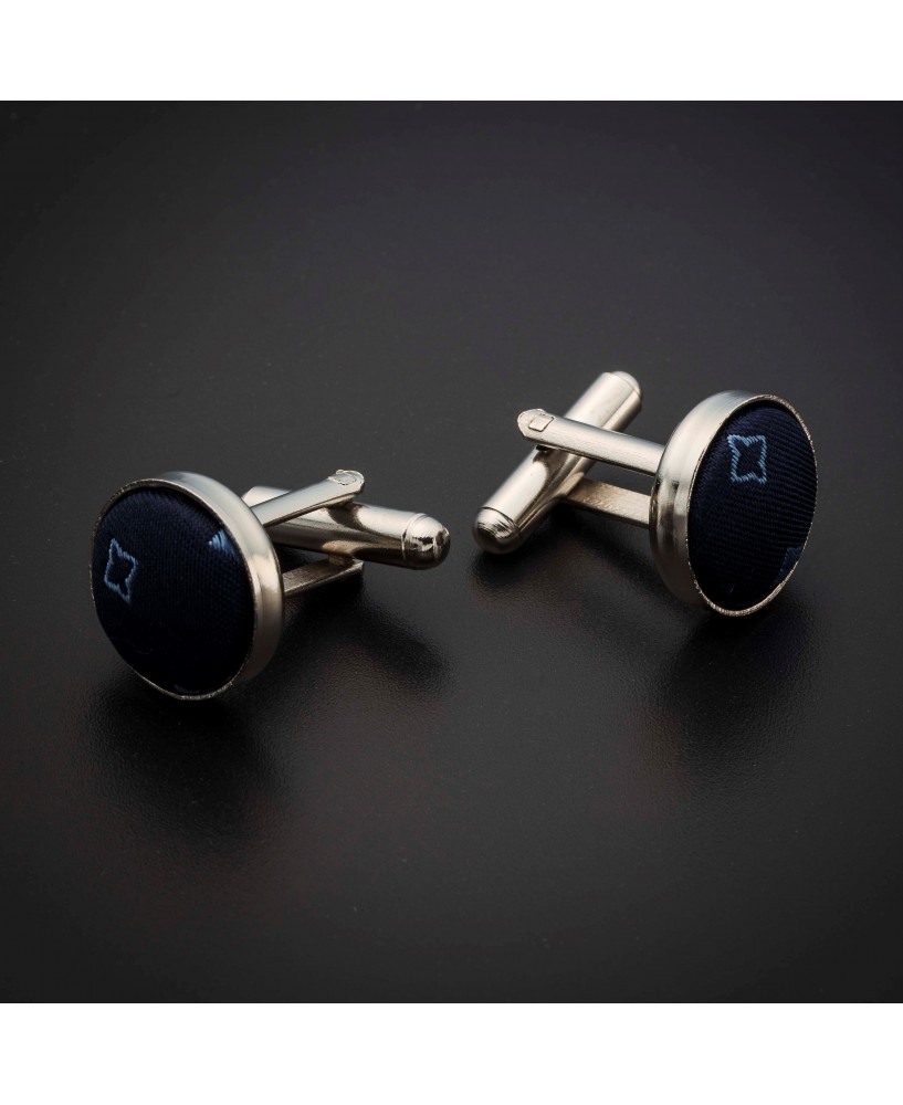 Boutons de manchettes acier & soie - tissu couleur bleu foncé à motifs bleu clair