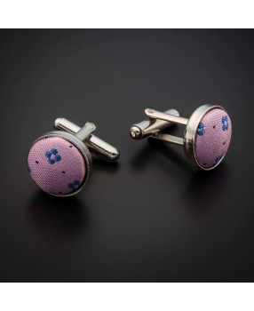 Boutons de manchettes acier & soie - tissu couleur rose à motifs bleu