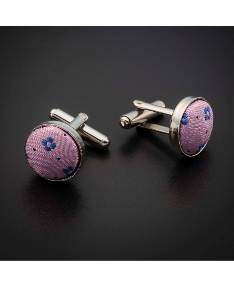 Boutons de manchettes acier & soie - tissu couleur rose à motifs bleu