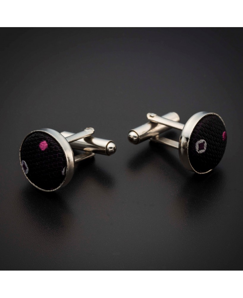 Boutons de manchettes acier & soie - tissu couleur aubergine à motifs rose et argenté