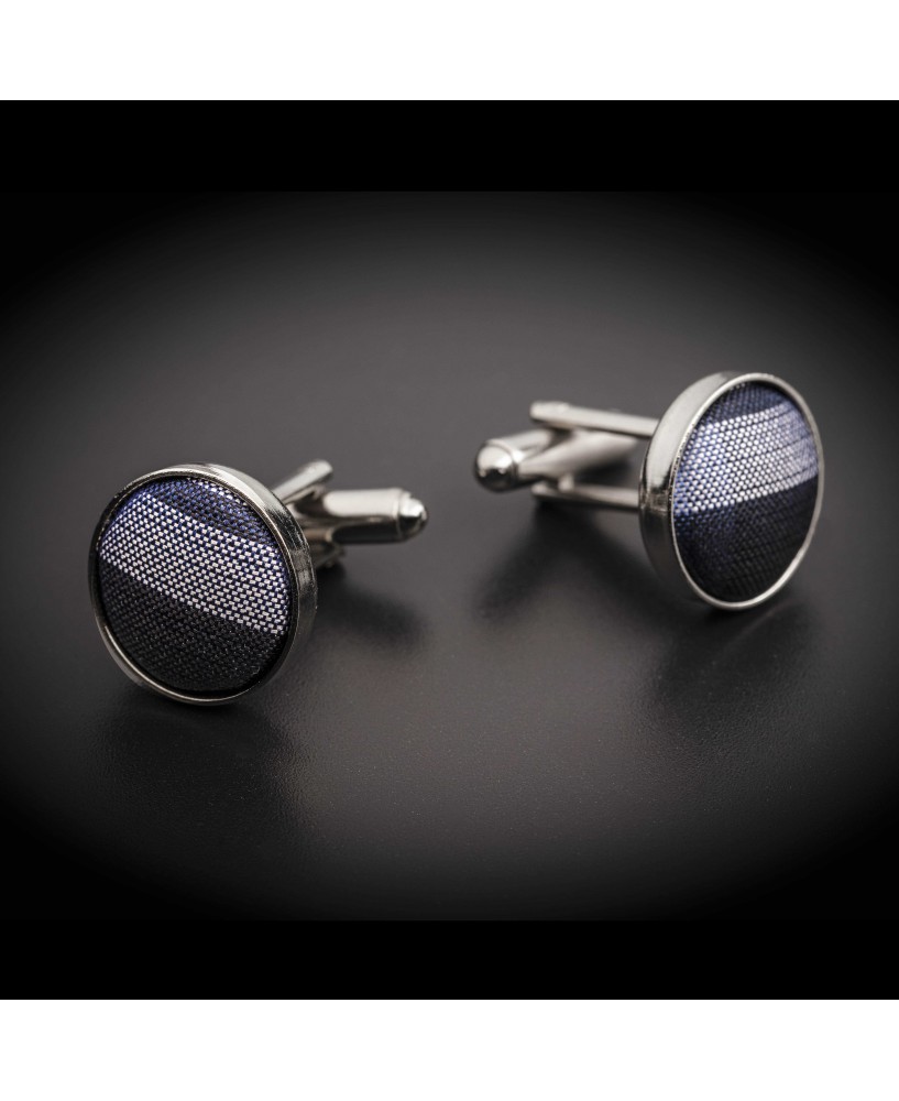 Boutons de manchettes acier & soie - tissu couleur bleu à carreaux