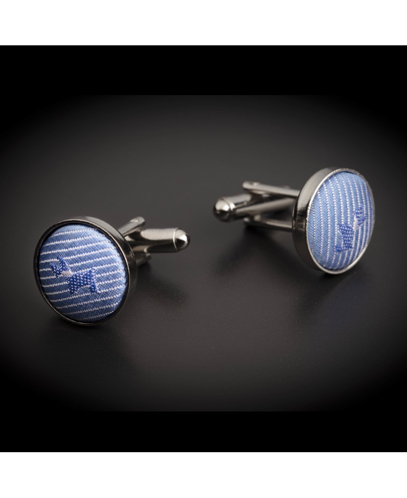 Boutons de manchettes acier & soie - tissu couleur bleu clair à motifs petits chiens