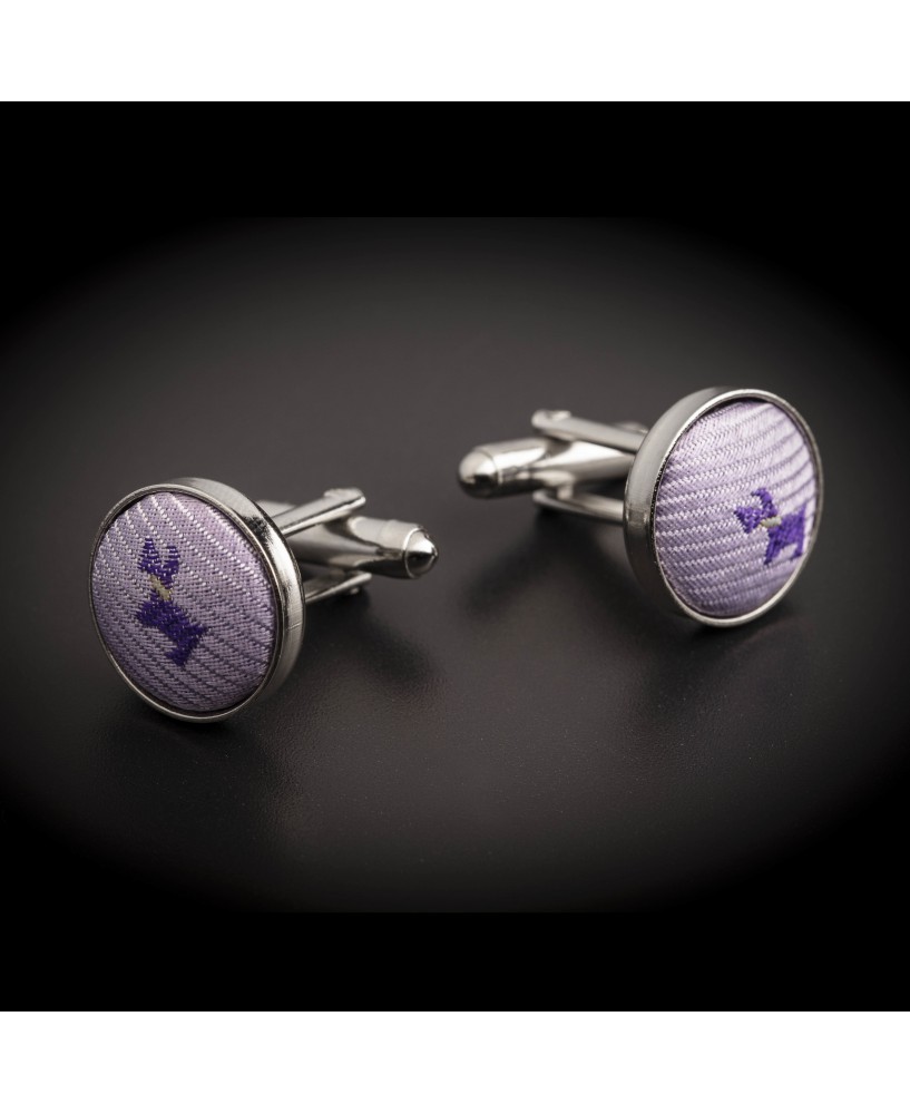 Boutons de manchettes acier & soie - tissu couleur mauve à motifs petits chiens
