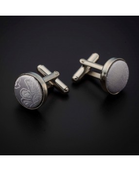 Boutons de manchettes acier & soie - tissu couleur blanc à motifs Paisley blanc