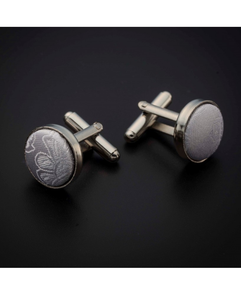 Boutons de manchettes acier & soie - tissu couleur blanc à motifs Paisley blanc